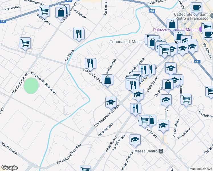 map of restaurants, bars, coffee shops, grocery stores, and more near 141 Via G. Carducci in Massa