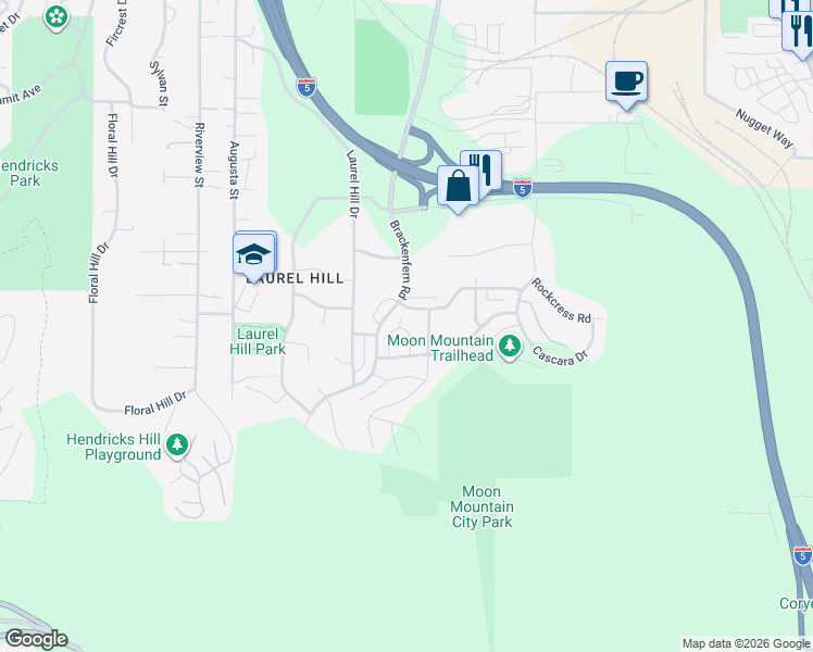 map of restaurants, bars, coffee shops, grocery stores, and more near 2551 Fieldcress Road in Eugene