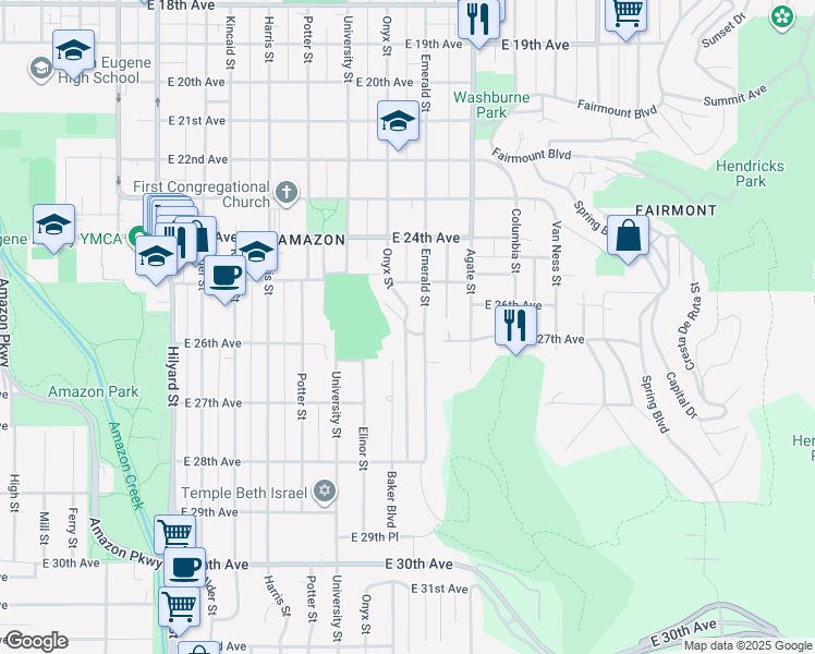 map of restaurants, bars, coffee shops, grocery stores, and more near 2588 Emerald Street in Eugene