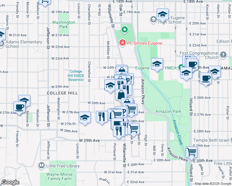 map of restaurants, bars, coffee shops, grocery stores, and more near 2525 Portland Street in Eugene
