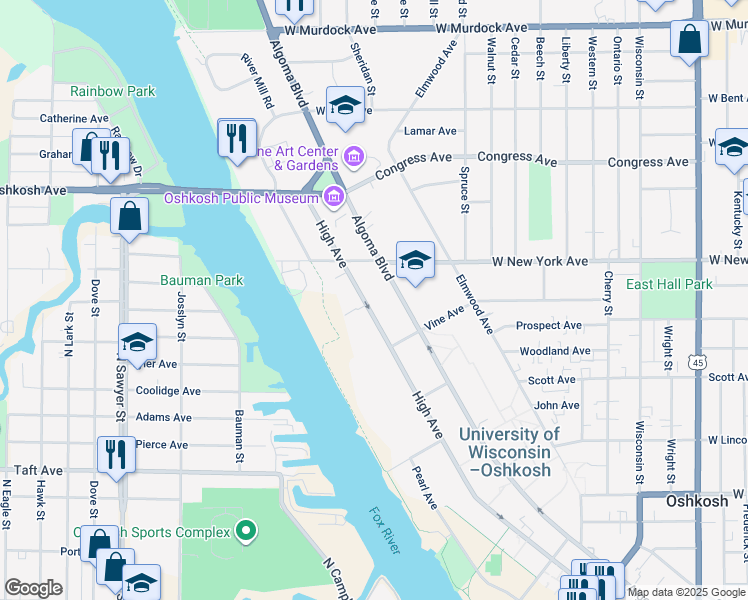 map of restaurants, bars, coffee shops, grocery stores, and more near 1166 High Avenue in Oshkosh