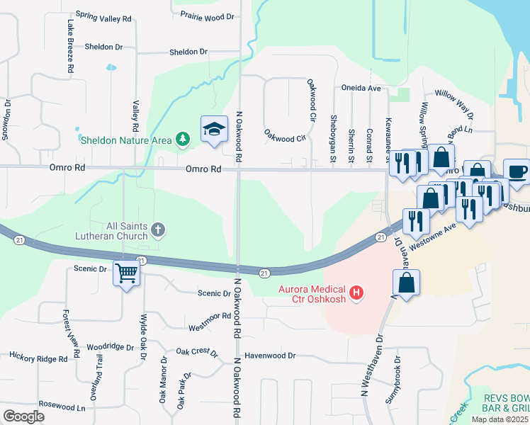 map of restaurants, bars, coffee shops, grocery stores, and more near 1018 North Oakwood Road in Oshkosh