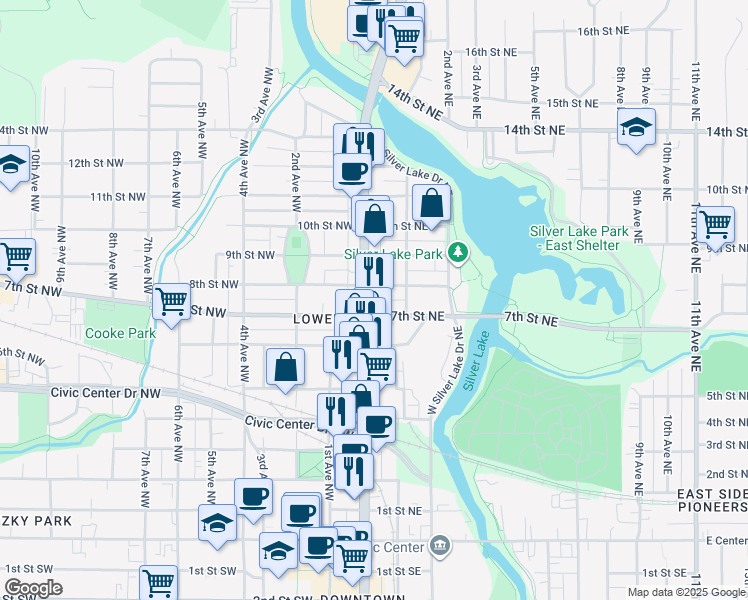 map of restaurants, bars, coffee shops, grocery stores, and more near in Rochester