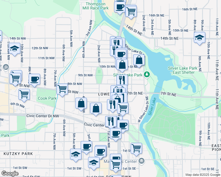 map of restaurants, bars, coffee shops, grocery stores, and more near in Rochester