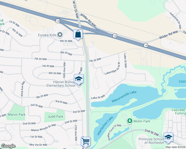 map of restaurants, bars, coffee shops, grocery stores, and more near 456 Panorama Circle Northwest in Rochester