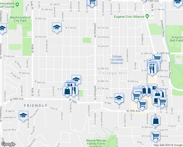 map of restaurants, bars, coffee shops, grocery stores, and more near 645 W 25th Pl in Eugene