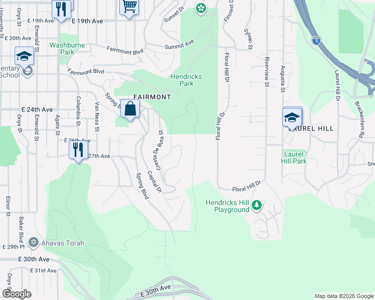 map of restaurants, bars, coffee shops, grocery stores, and more near 2627 Cupola Drive in Eugene
