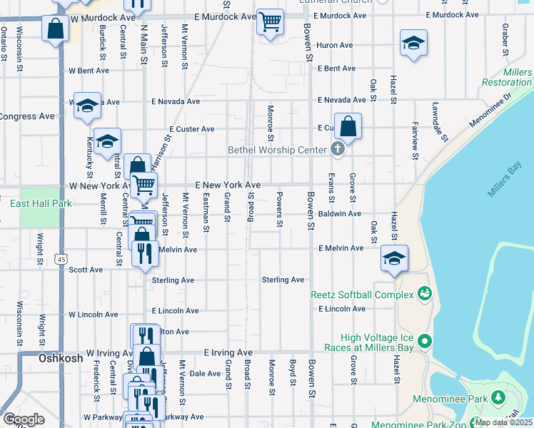 map of restaurants, bars, coffee shops, grocery stores, and more near 610 Baldwin Avenue in Oshkosh