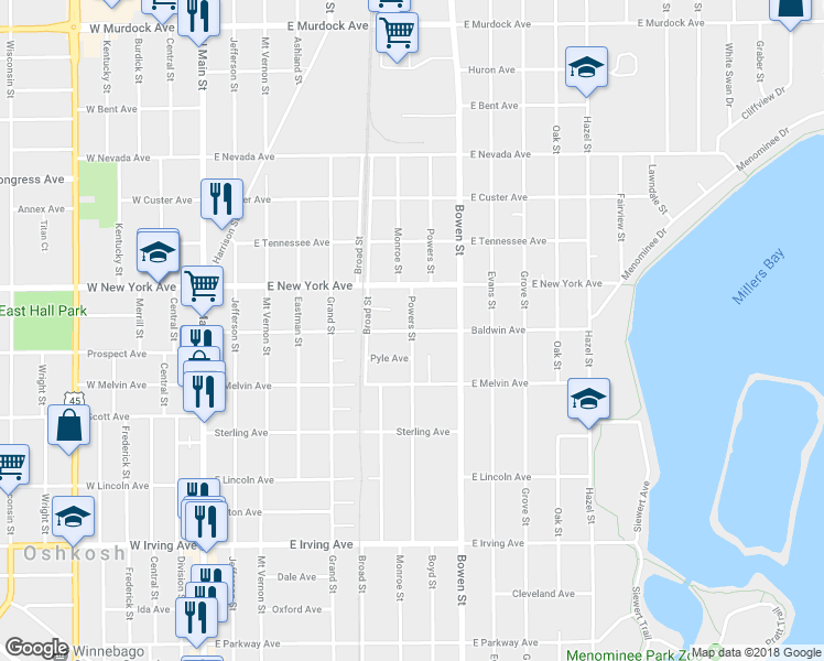 map of restaurants, bars, coffee shops, grocery stores, and more near 700 Baldwin Avenue in Oshkosh