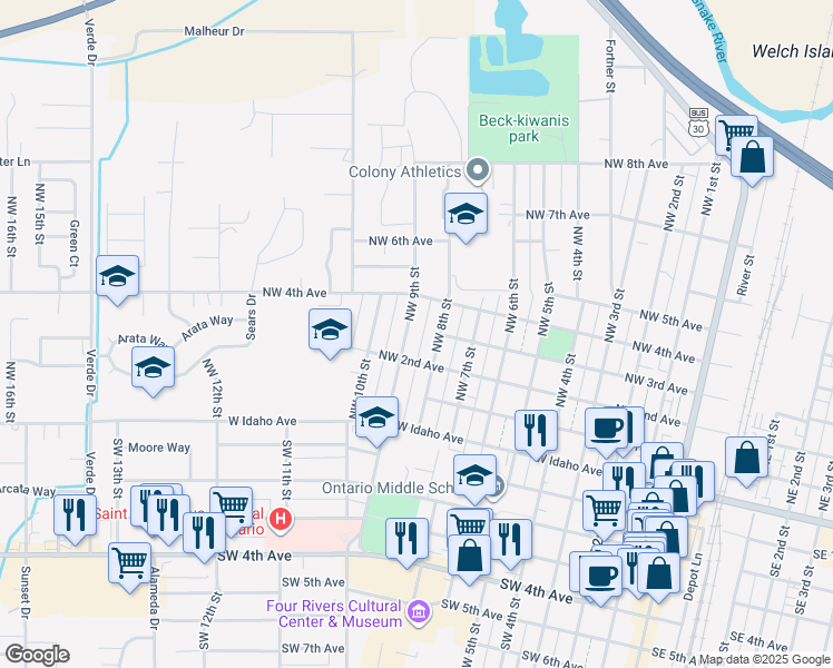 map of restaurants, bars, coffee shops, grocery stores, and more near 290 Northwest 9th Street in Ontario