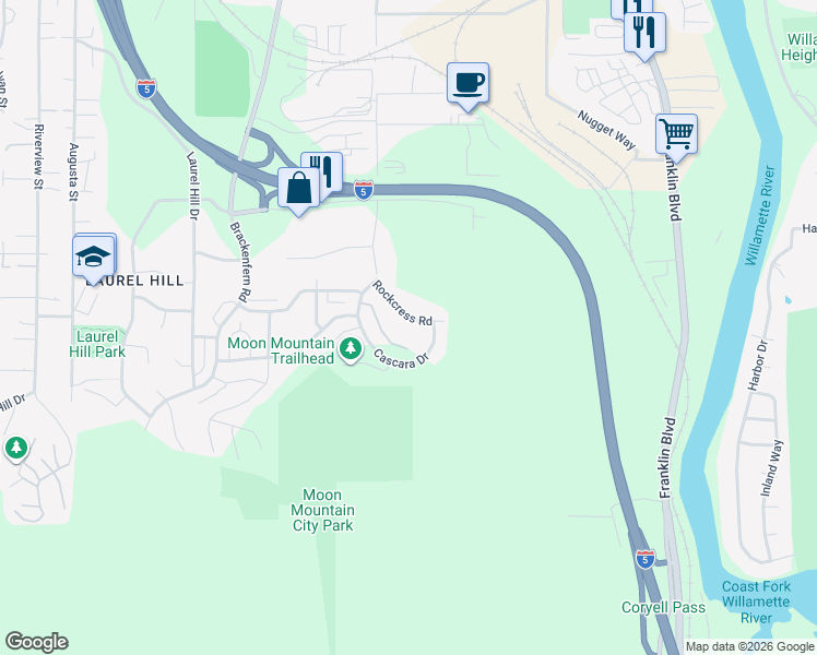 map of restaurants, bars, coffee shops, grocery stores, and more near 2641 Cascara Drive in Eugene