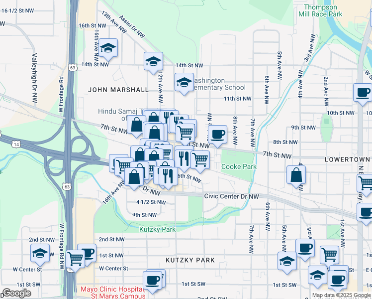 map of restaurants, bars, coffee shops, grocery stores, and more near 1010 7th Street Northwest in Rochester