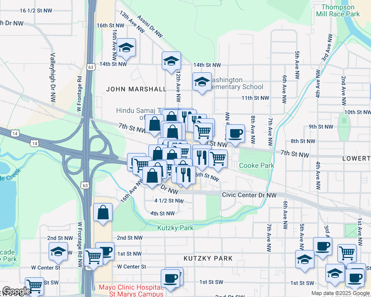 map of restaurants, bars, coffee shops, grocery stores, and more near 1112 7th Street Northwest in Rochester