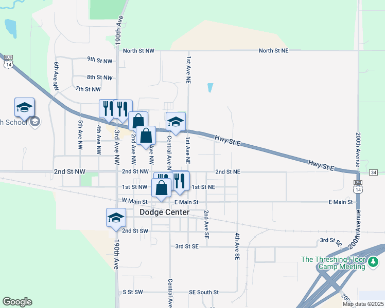 map of restaurants, bars, coffee shops, grocery stores, and more near 302 1st Avenue Northeast in Dodge Center