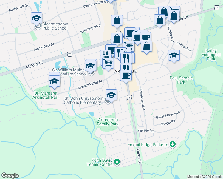 map of restaurants, bars, coffee shops, grocery stores, and more near 761 Joe Persechini Drive in Newmarket