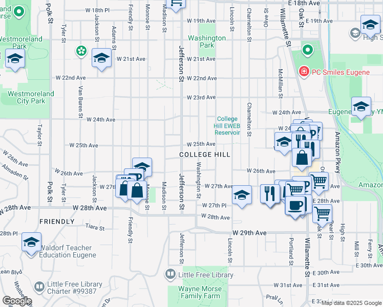 map of restaurants, bars, coffee shops, grocery stores, and more near 555 West 25th Place in Eugene