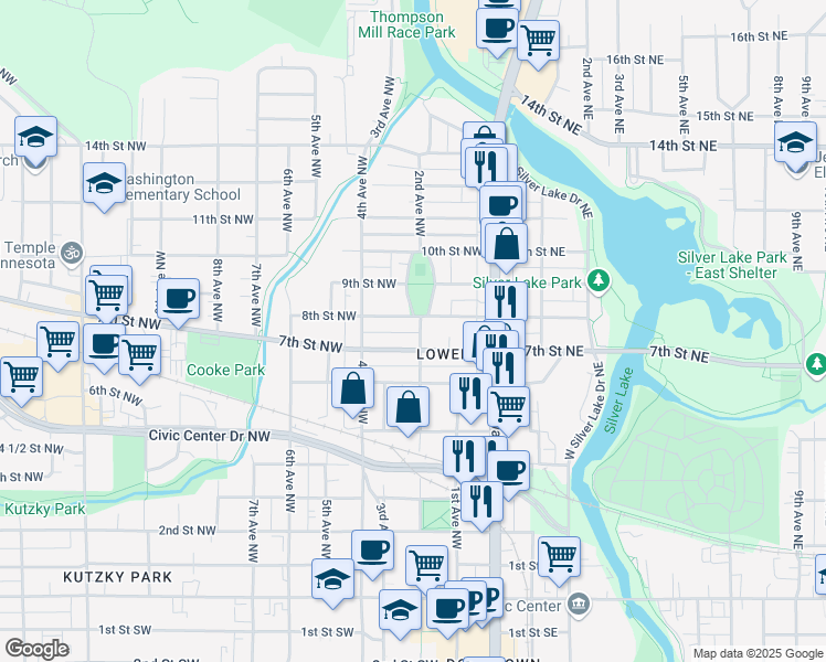 map of restaurants, bars, coffee shops, grocery stores, and more near 713 2nd Ave NW in Rochester