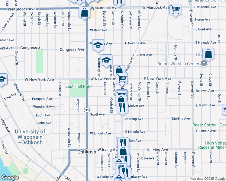 map of restaurants, bars, coffee shops, grocery stores, and more near 1121 Central Street in Oshkosh