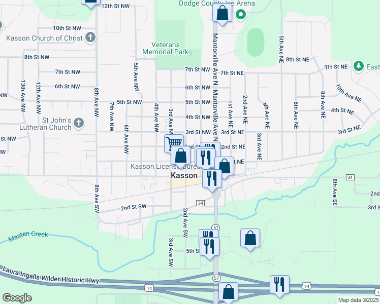 map of restaurants, bars, coffee shops, grocery stores, and more near 108 2nd Avenue Northwest in Kasson