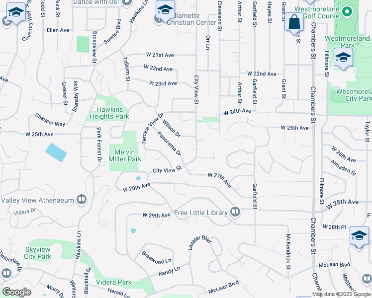 map of restaurants, bars, coffee shops, grocery stores, and more near 2592 City View Street in Eugene