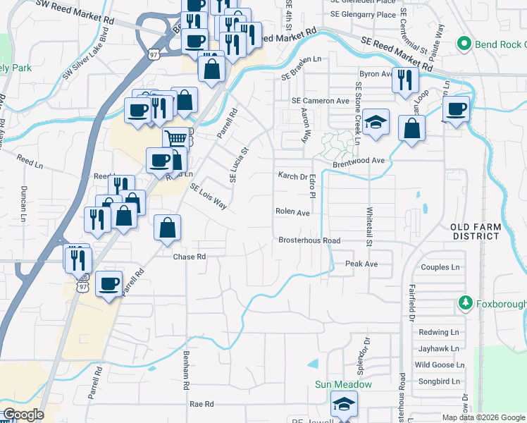 map of restaurants, bars, coffee shops, grocery stores, and more near 61435 Brosterhous Road in Bend