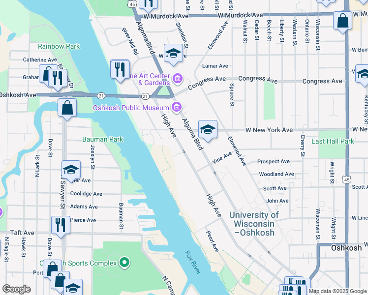 map of restaurants, bars, coffee shops, grocery stores, and more near 1166 High Avenue in Oshkosh