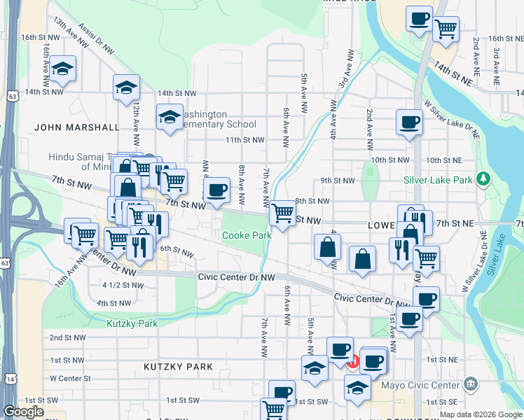 map of restaurants, bars, coffee shops, grocery stores, and more near in Rochester