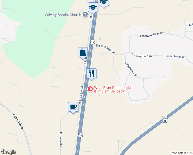 map of restaurants, bars, coffee shops, grocery stores, and more near 5410 U.S. 16 Srv Road in Rapid City