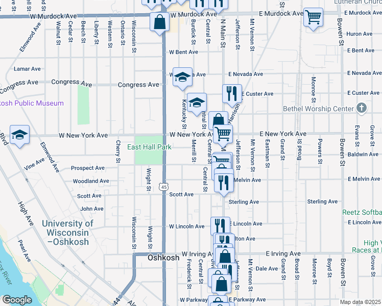 map of restaurants, bars, coffee shops, grocery stores, and more near 1121 Merrill Street in Oshkosh