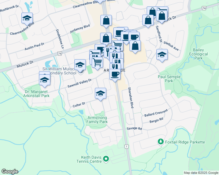 map of restaurants, bars, coffee shops, grocery stores, and more near 115 Coleridge Drive in Newmarket