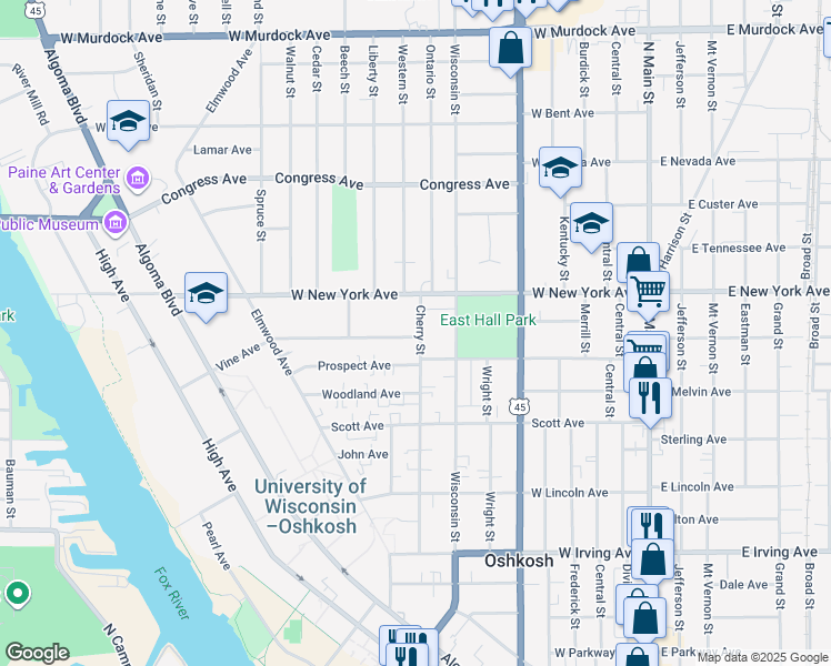 map of restaurants, bars, coffee shops, grocery stores, and more near 1139 Cherry Street in Oshkosh