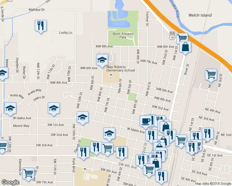 map of restaurants, bars, coffee shops, grocery stores, and more near 359 Northwest 6th Street in Ontario