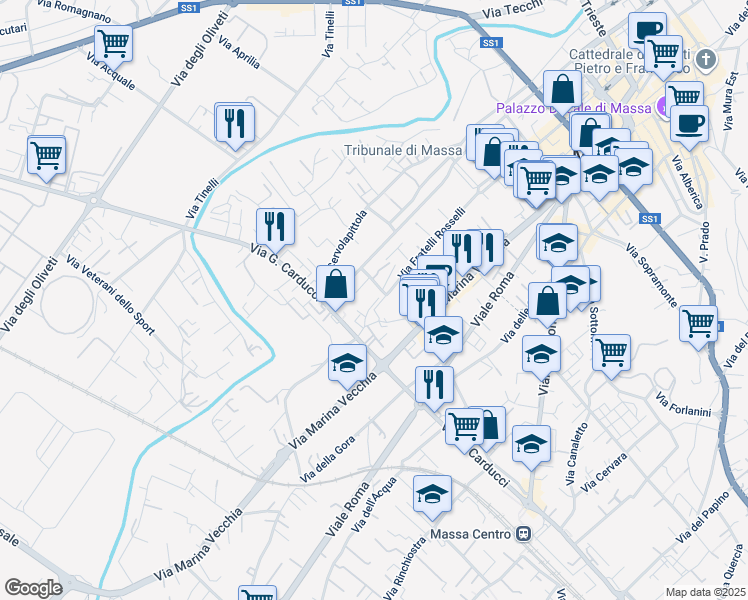 map of restaurants, bars, coffee shops, grocery stores, and more near 27 Via Fratelli Rosselli in Massa