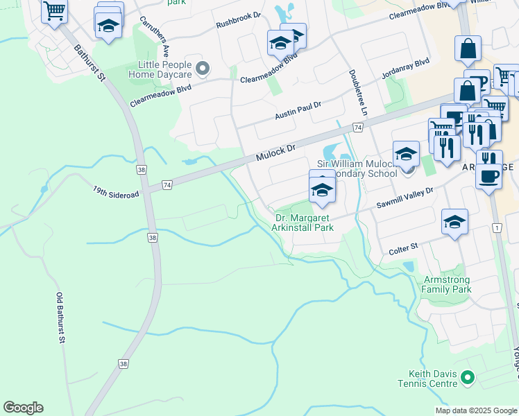 map of restaurants, bars, coffee shops, grocery stores, and more near 216 Sawmill Valley Drive in Newmarket