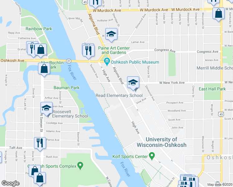 map of restaurants, bars, coffee shops, grocery stores, and more near 1162 High Avenue in Oshkosh