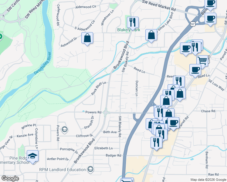 map of restaurants, bars, coffee shops, grocery stores, and more near 20062 Southwest Millbrook Lane in Bend