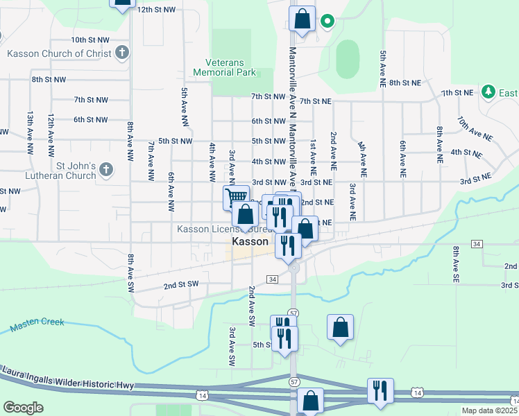 map of restaurants, bars, coffee shops, grocery stores, and more near 108 2nd Avenue Northwest in Kasson