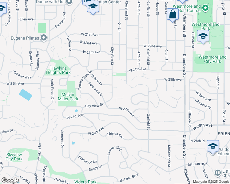 map of restaurants, bars, coffee shops, grocery stores, and more near 2555 City View Street in Eugene
