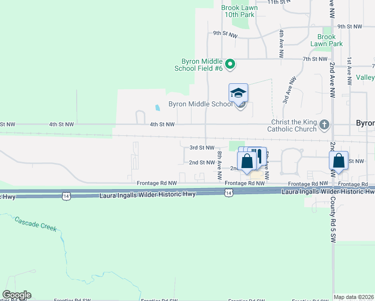map of restaurants, bars, coffee shops, grocery stores, and more near 223 10th Avenue Northwest in Byron