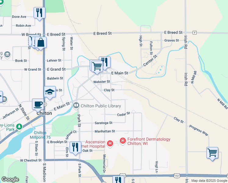 map of restaurants, bars, coffee shops, grocery stores, and more near 109 Adams Street in Chilton