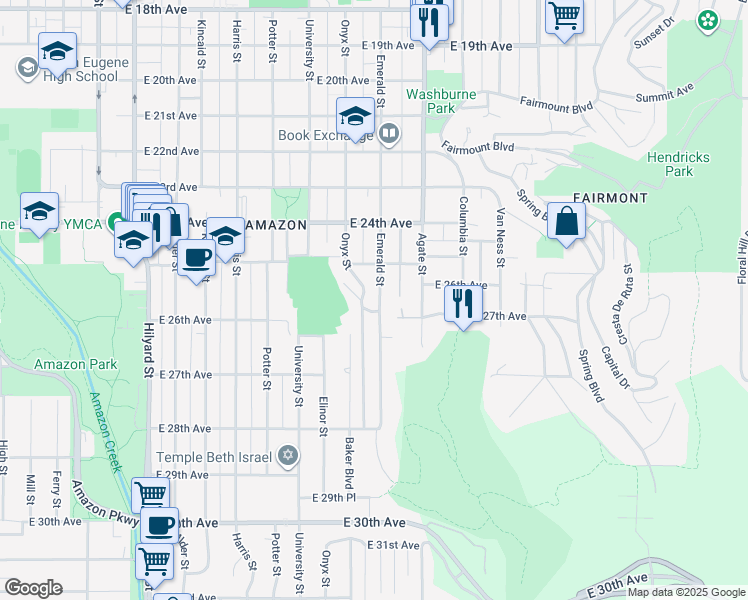 map of restaurants, bars, coffee shops, grocery stores, and more near 2588 Emerald Street in Eugene