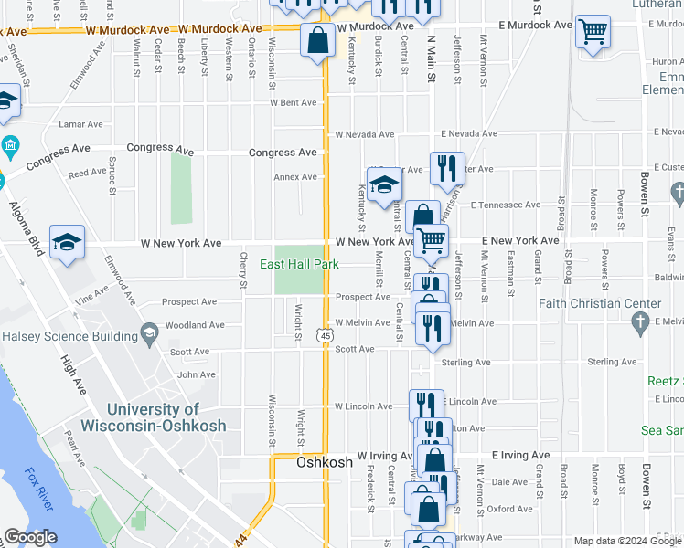 map of restaurants, bars, coffee shops, grocery stores, and more near 345 Saratoga Avenue in Oshkosh
