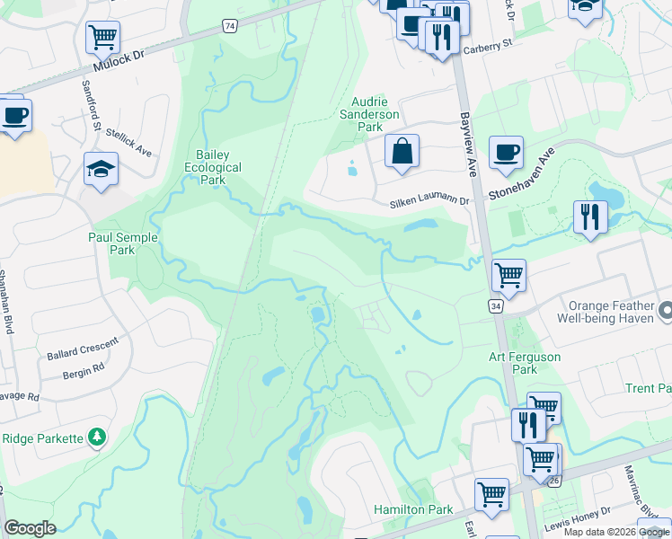 map of restaurants, bars, coffee shops, grocery stores, and more near 727 Madeline Heights in Newmarket