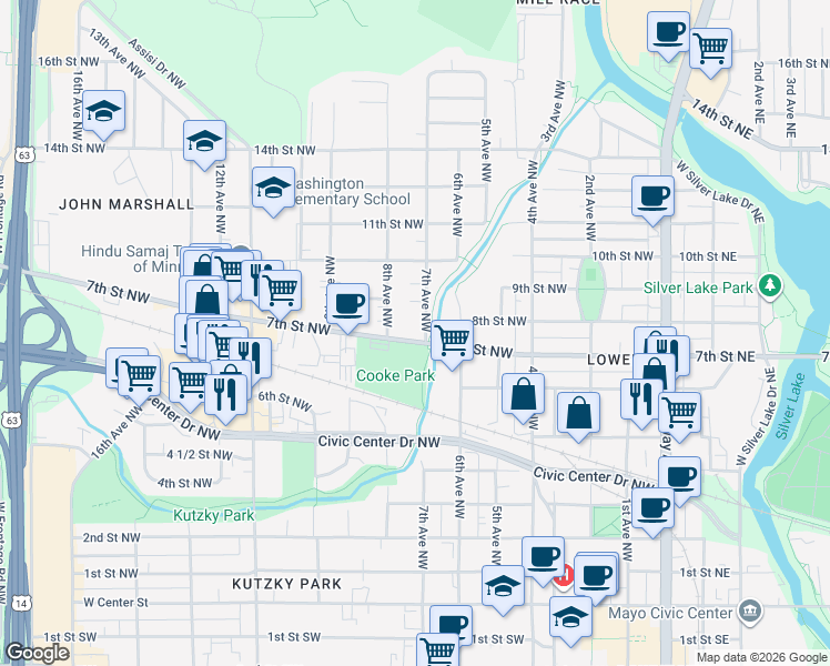 map of restaurants, bars, coffee shops, grocery stores, and more near in Rochester