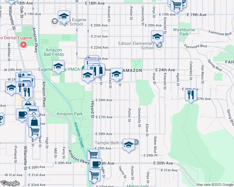 map of restaurants, bars, coffee shops, grocery stores, and more near 2560 Harris Street in Eugene