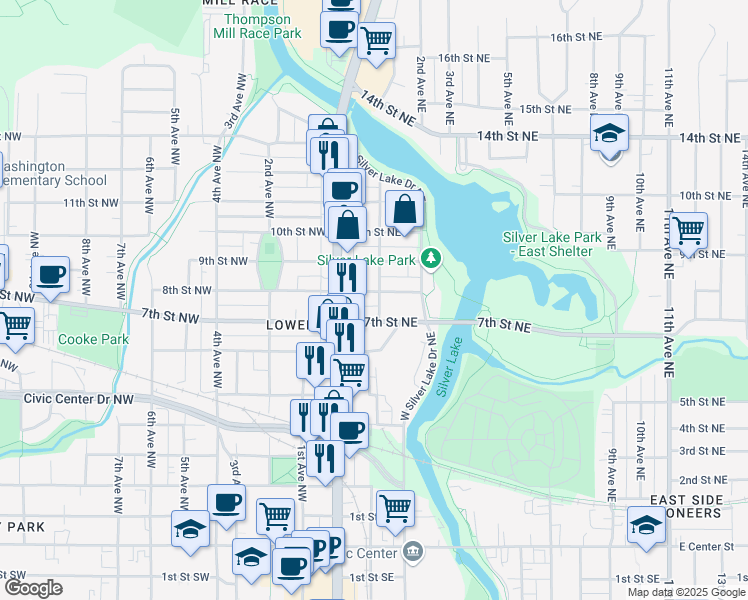 map of restaurants, bars, coffee shops, grocery stores, and more near 717 1st Avenue Northwest in Rochester