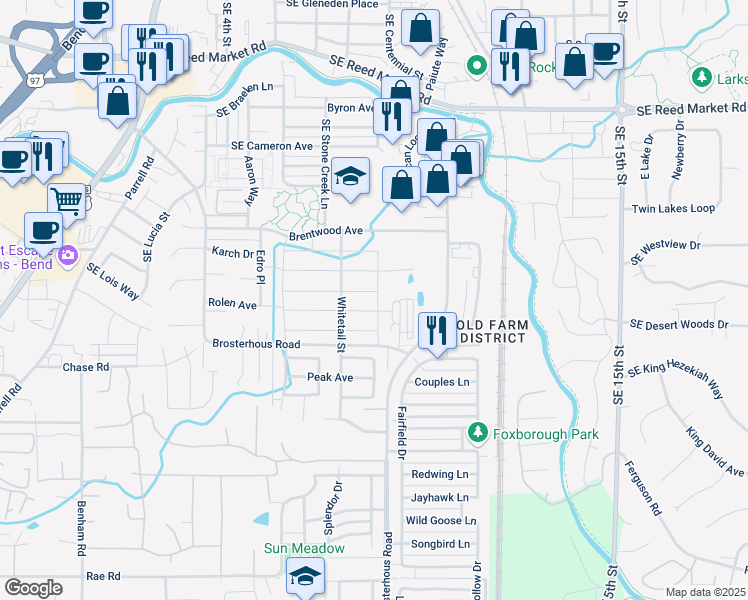 map of restaurants, bars, coffee shops, grocery stores, and more near 20640 Rolen Avenue in Bend
