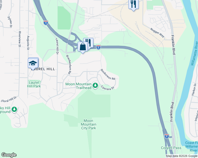 map of restaurants, bars, coffee shops, grocery stores, and more near 2641 Cascara Drive in Eugene