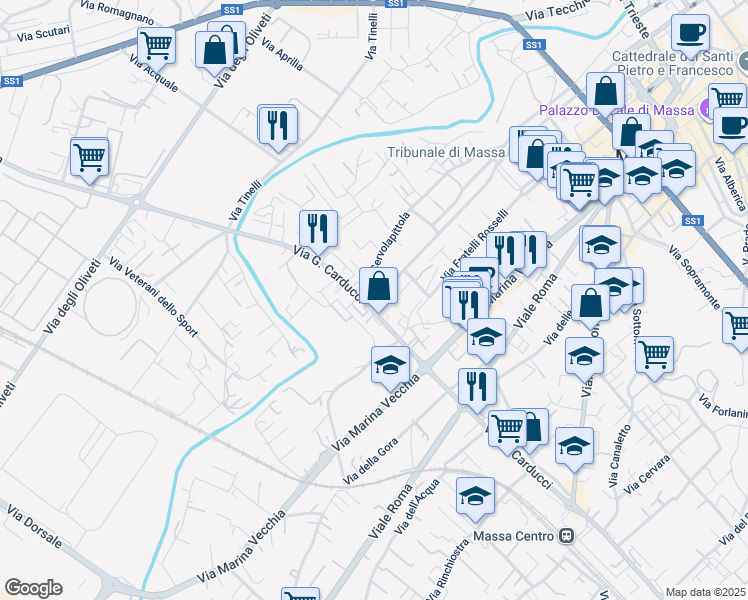 map of restaurants, bars, coffee shops, grocery stores, and more near 141 Via G. Carducci in Massa