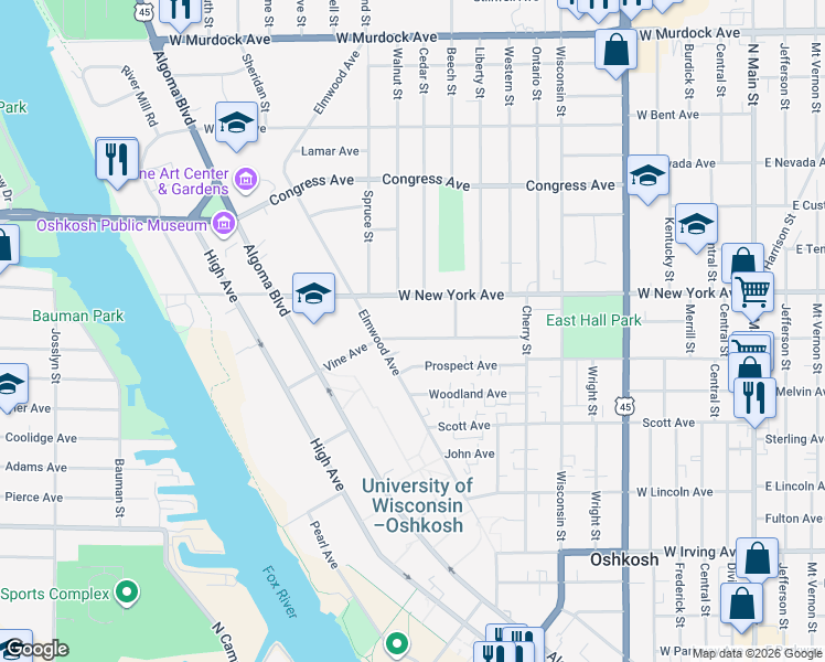 map of restaurants, bars, coffee shops, grocery stores, and more near 842 Vine Avenue in Oshkosh